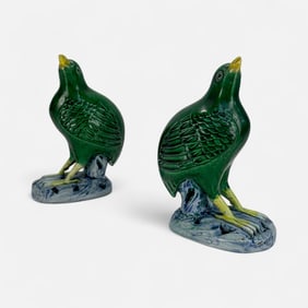 Pair Chinese Export Sancai Pottery Green Parrots