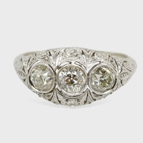 Fine Art Deco Five-Stone Diamond & 18K White Gold Ladies Ring Size 8.5