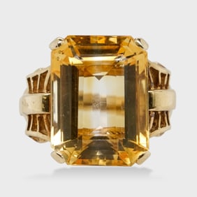 Fine 14K Yellow Gold Emerald-Cut Citrine Ladies Gemstone Cocktail Ring Size 6