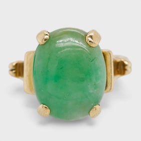 Fine 14K Yellow Gold & Green Jade Ladies Cocktail Gemstone Ring Size 9