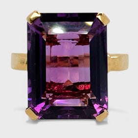 Fine 14K Yellow Gold Emerald-Cut Amethyst Gemstone Ladies Cocktail Ring Size 6