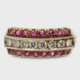 Fine 14K Yellow Gold, Diamond & Ruby Ladies Gemstone Cocktail Ring Size 6.5