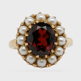 Fine Antique Victorian Style 14K Yellow Gold Garnet & Pearl Halo Ladies Ring Size 5.25