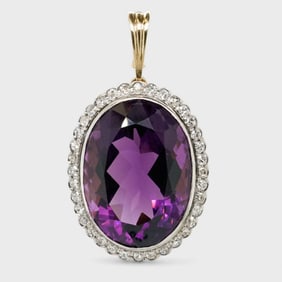 Fine 18K Yellow Gold, Diamond & 45ct Amethyst Gemstone Pendant