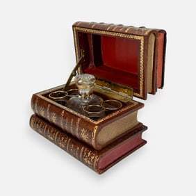 French Leather Bound Faux Book Tantalus Box Liquor Decanter Glass Set