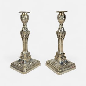 James Pinder & Co Antique 19thC Sheffield Silver Plate George III Style Candlestick Pair