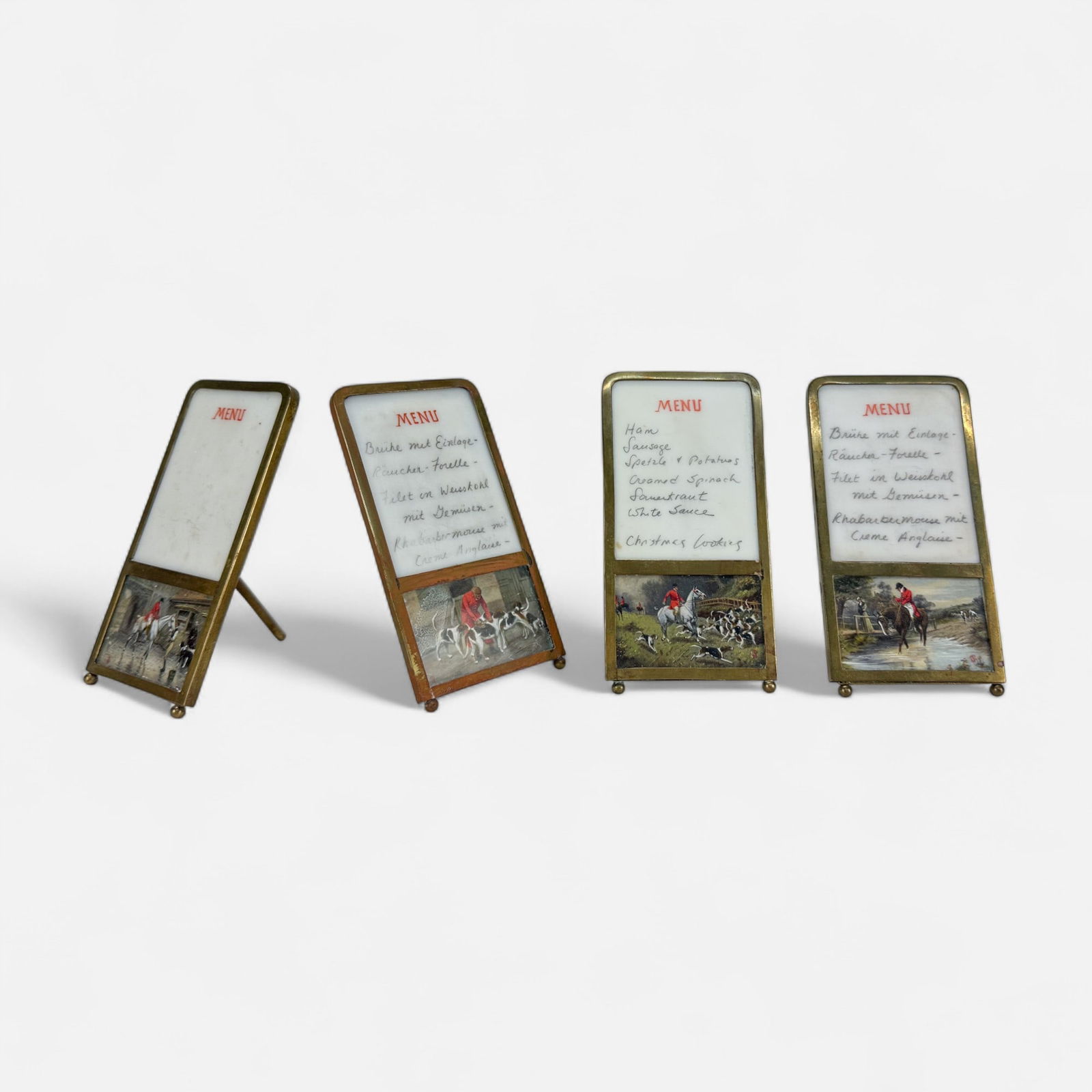 Four Miniature 2" Antique German Fox Hunt Sporting Paintings on Porcelain Menu Cards (1 of 13)