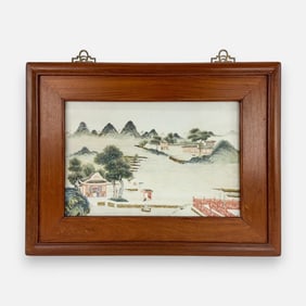 Antique Chinese Qing Famille Rose Framed Porcelain Plaque