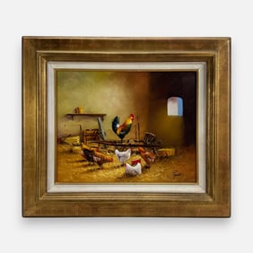 Contemporary Artist Signed "Face a Lucanue" Oil on Canvas Rooster Painting Framed