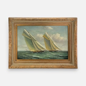 Jean Laurent Large Maritime Sailboats Oil on Canvas Painting Framed