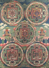 Antique Tibetan Thangka Cloth Painting of Five Mandalas Framed