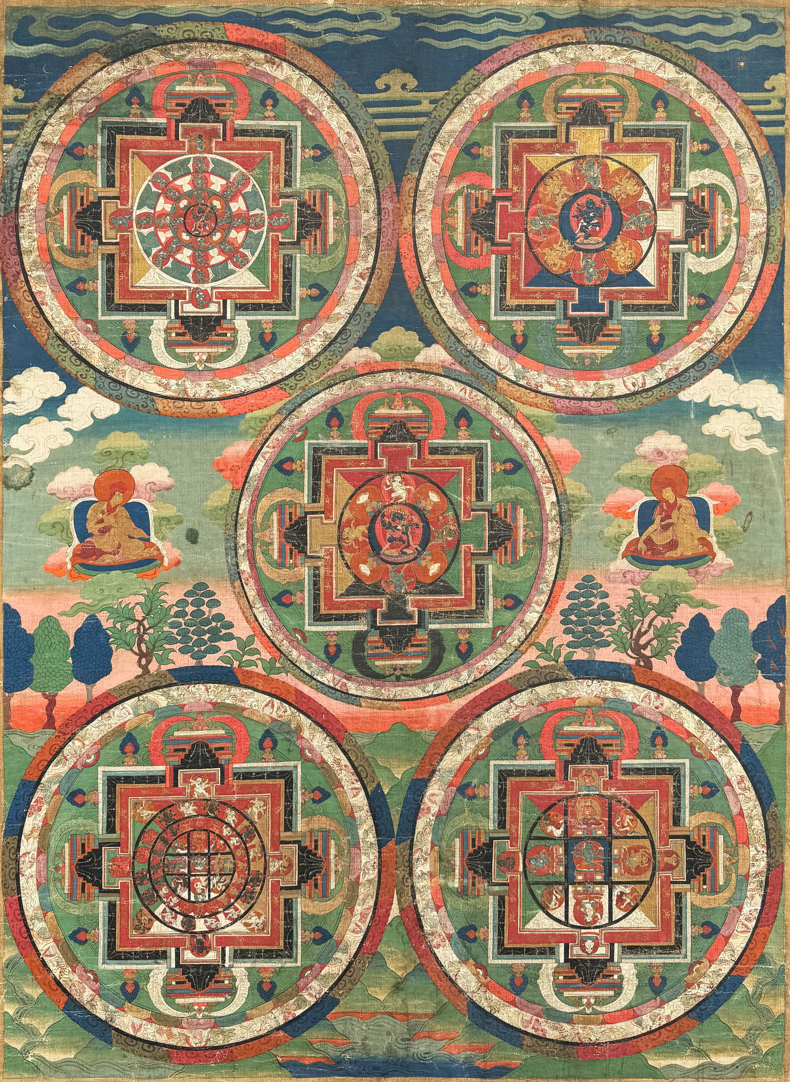 Antique Tibetan Thangka Cloth Painting of Five Mandalas Framed