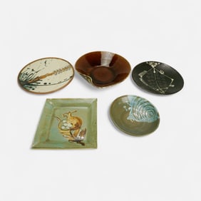 Five Large 20thC Japanese Studio Pottery Items: Bowls, Fish Chargers, Plate, Dish