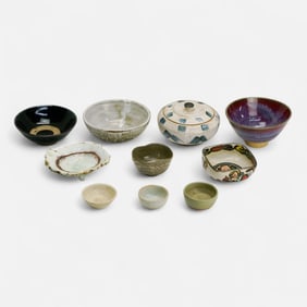 Ten Asian 19th/20thC Japanese Studio Pottery & Stoneware Cups Bowls