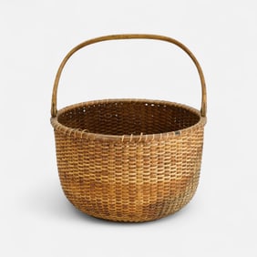 Antique 19thC Nantucket Lightship Swing Handle Basket w/Turned Wood Base