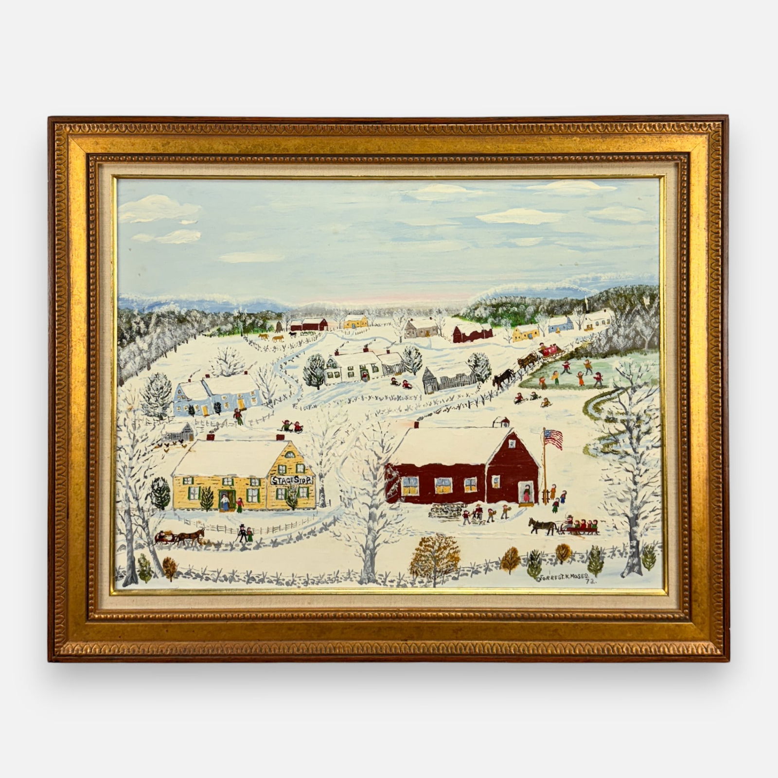 Forrest (Son of Grandma) Moses "Time for Stage" 1972 Folk Art Winter Oil on Board Framed Painting (1 of 8)