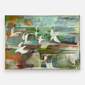 Leonard Maurer "Gulls" 1967 Modernist Oil on Canvas Framed Painting