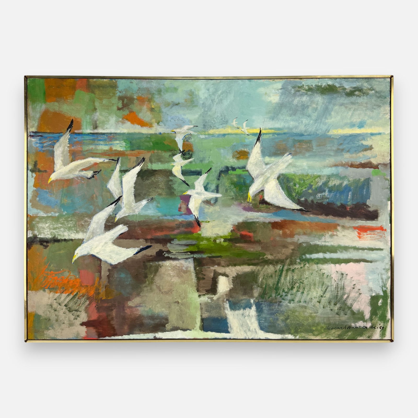 Leonard Maurer "Gulls" 1967 Modernist Oil on Canvas Framed Painting (1 of 8)