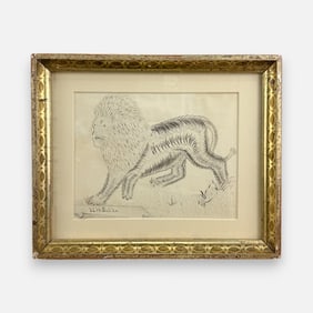 Antique 19thC American Folk Art Lion Pen and Ink Calligraphic Drawing Framed Penmanship
