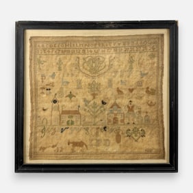 Dated 1800 Quaker Schoolgirl Needlework Sampler Textile w/House-Animals-People-Birds
