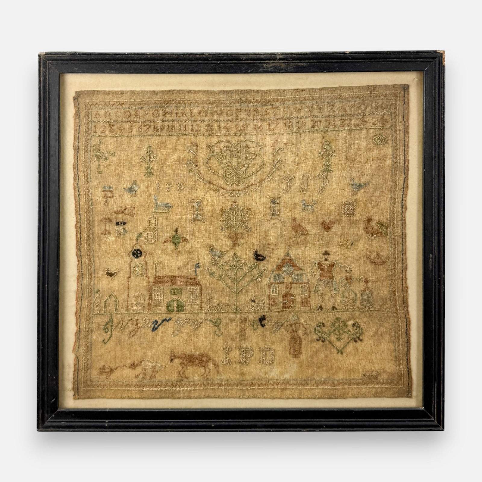Dated 1800 Quaker Schoolgirl Needlework Sampler Textile w/House-Animals-People-Birds (1 of 7)