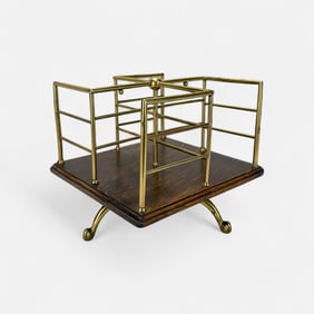 Antique American 19thC Oak Wood and Brass Table-Top Lazy Susan