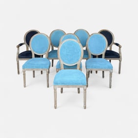Set of Eight Contemporary Louis XVI Style Medallion Back Upholstered Wood Dining Chairs
