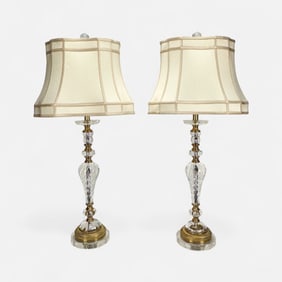 Pair Contemporary High End Heavy Cut Glass and Brass Table Lamps