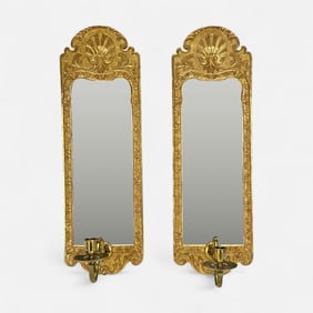 Pair Carved Giltwood, Cast Brass and Beveled Glass Mirrored Wall Candle Sconces