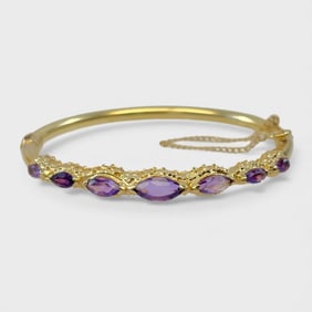 Fine 14K Yellow Gold and Amethyst Gemstone Hinged Bracelet 15.7 Grams