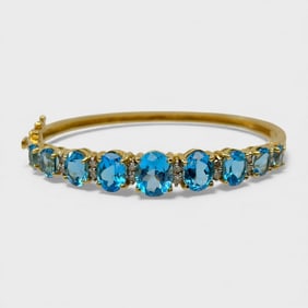 Fine 14K Yellow Gold, Blue Topaz, and Diamond Gemstone Hinged Bracelet 20 Grams