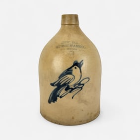 New York Stoneware Co. Fort Edward Six-Gallon Stoneware Jug w/Painted Bird Design