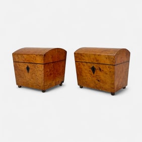 Pair Antique Inlaid Birdseye Maple Dome-Top Tea Caddies Boxes