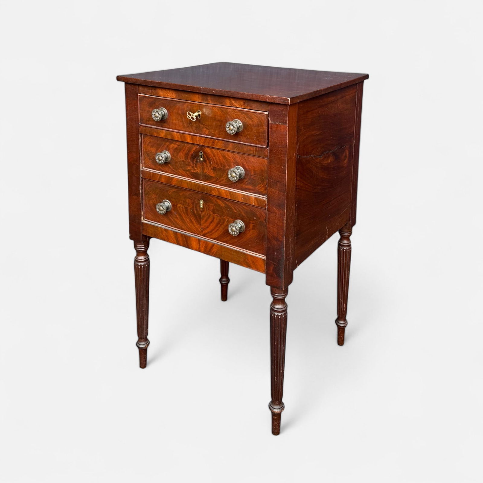 Antique Sheraton Style Wood & Brass Mahogany Three-Drawer Sewing Work Table (1 of 8)