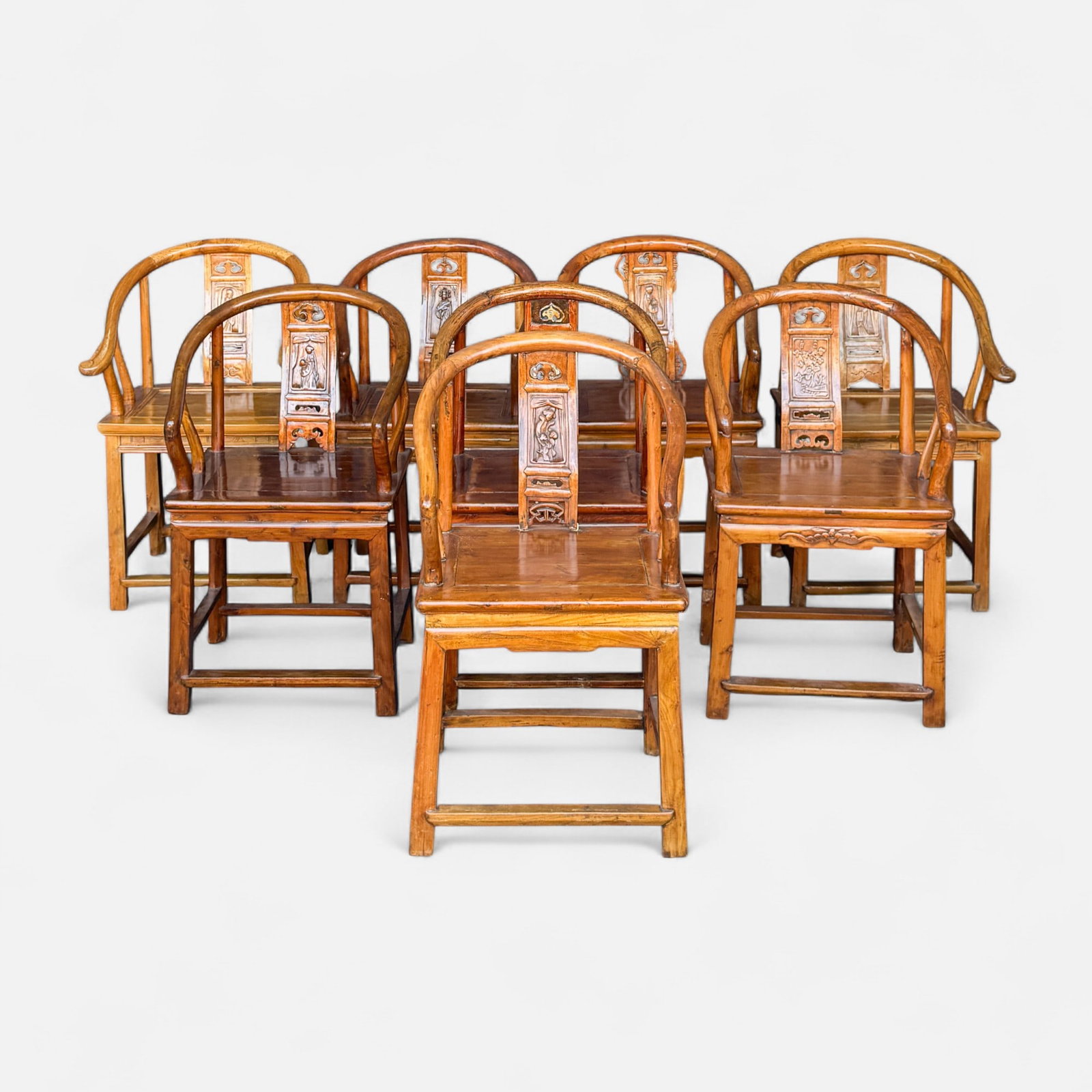 Eight Antique Chinese Ming Taishi Yi Horseshoe Hardwood Arm Chairs: Ca. 17th to 18thC, assorted dates and hardwoods, assembled set of eight. Various good and repaired conditions. For shipping, we highly recommend Donald Camden at UPS Store 4608. Alternatively, reach o