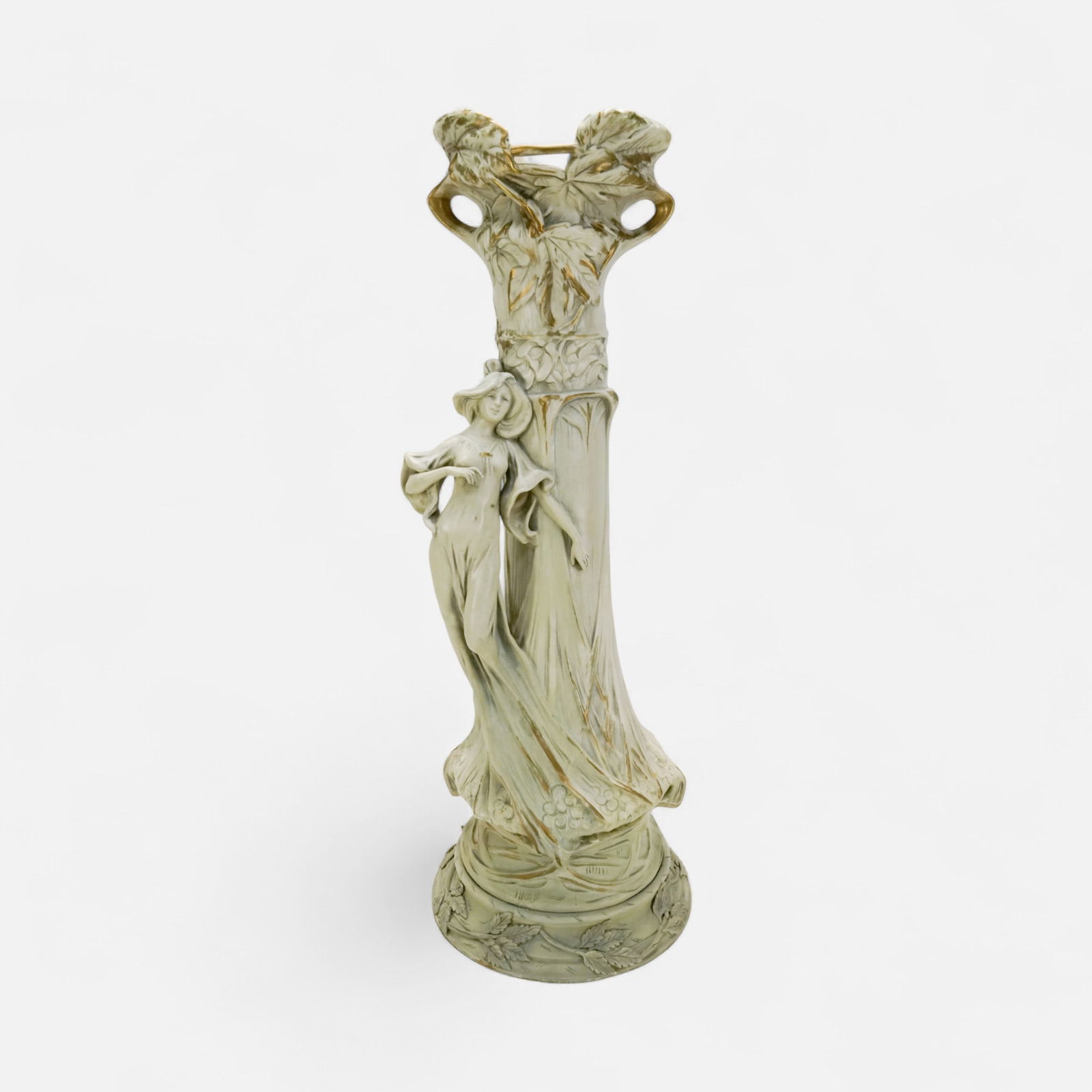 Royal Dux Art Nouveau Centerpiece 27" Tall Art Pottery Vase: Ca. last decade 19th to first decade 20thC. Very good with no chips, cracks, or repairs.For shipping, we highly recommend Donald Camden at UPS Store 4608. Alternatively, reach out to one of our prefer