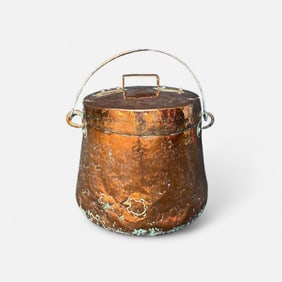 Large Antique Copper and Iron Cauldron Stockpot w/Lid