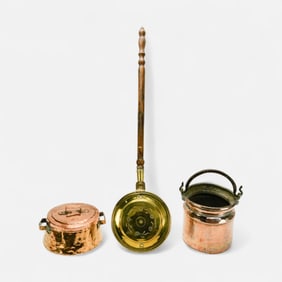 Antique Copper Bucket, Copper Stock Pot and Bed Warmer w/Wood Handle