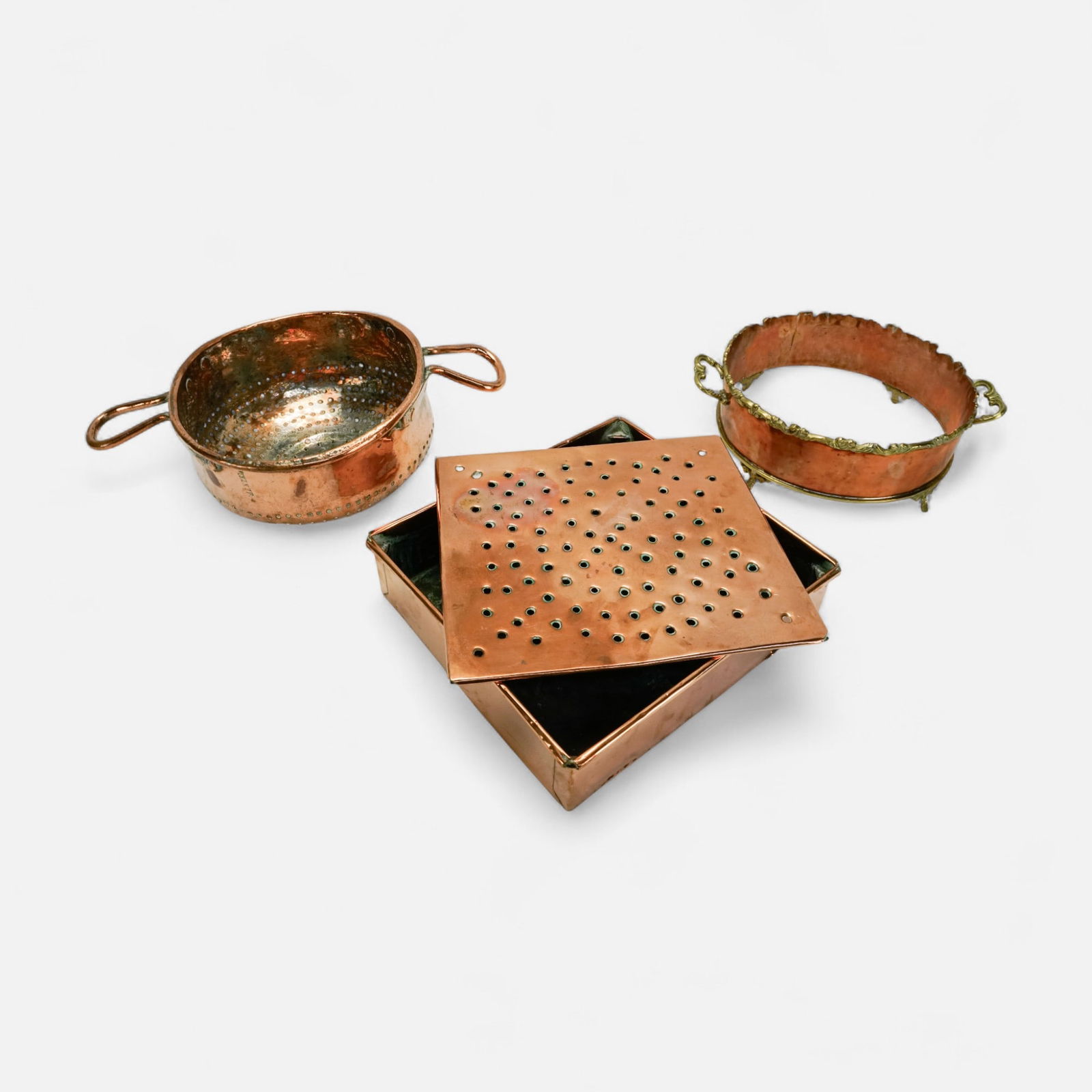 Antique European Copper & Brass Casserole Holder, Copper Colander, Copper Plate Warmer (1 of 10)