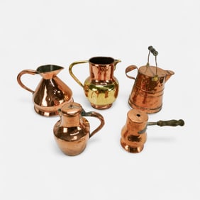 Four Antique 19thC Copper and Brass Jugs and a Iron & Wood Chocolate Pot