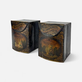 Pair Antique 19thC Toleware Spice Canisters Stenciled Design