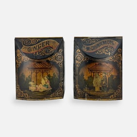 Pair Antique 19thC Toleware Spice Canisters Stenciled Design