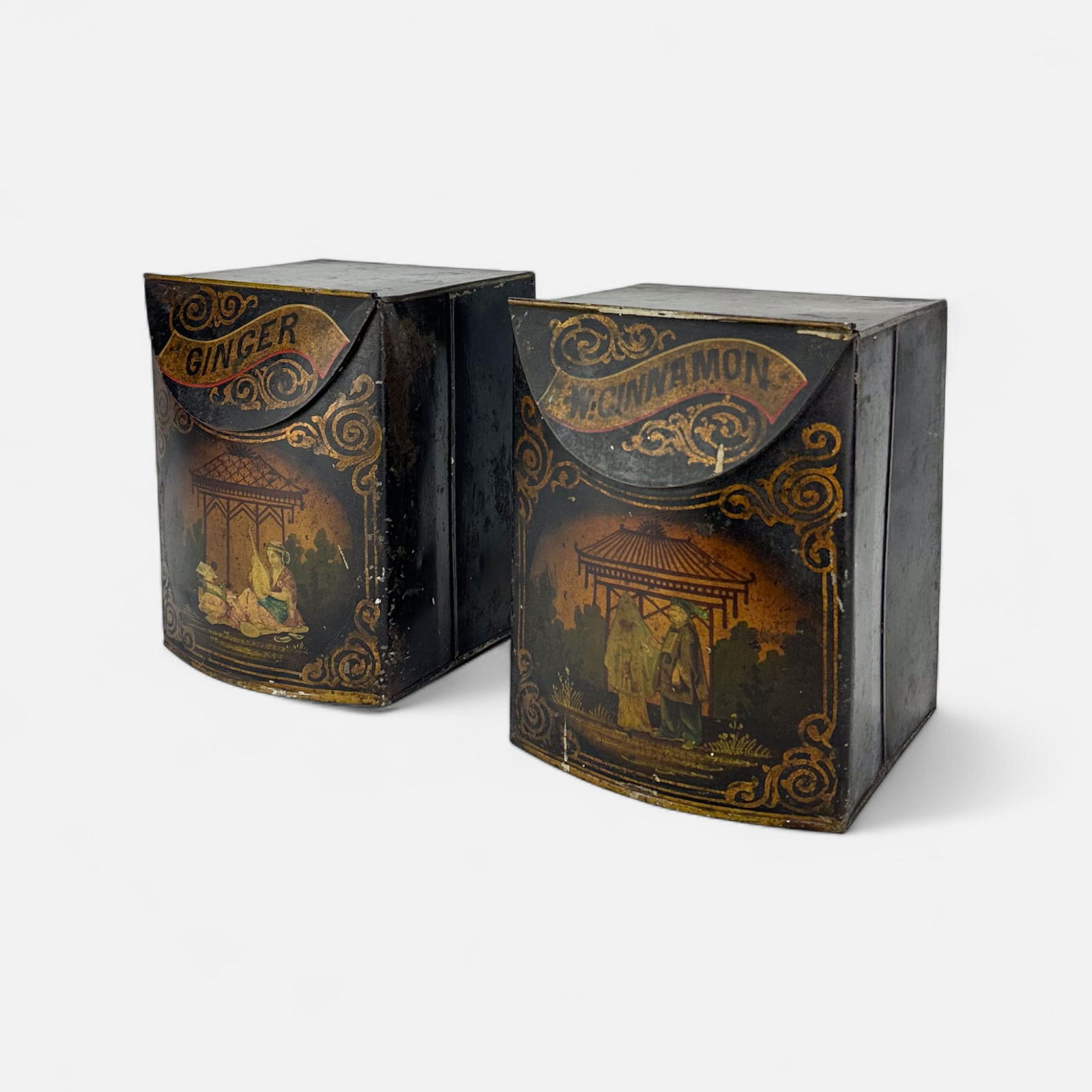 Pair Antique 19thC Toleware Spice Canisters Stenciled Design (1 of 11)