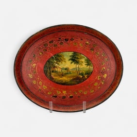 Antique Hand Painted Metal Toleware Oval Serving Tea Tray