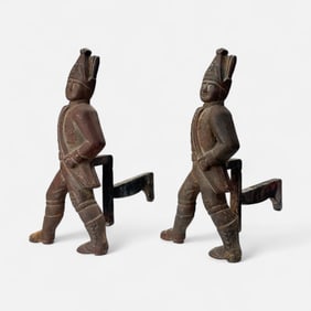 Pair Antique Cast Iron Hessian Soldier Fireplace Andirons