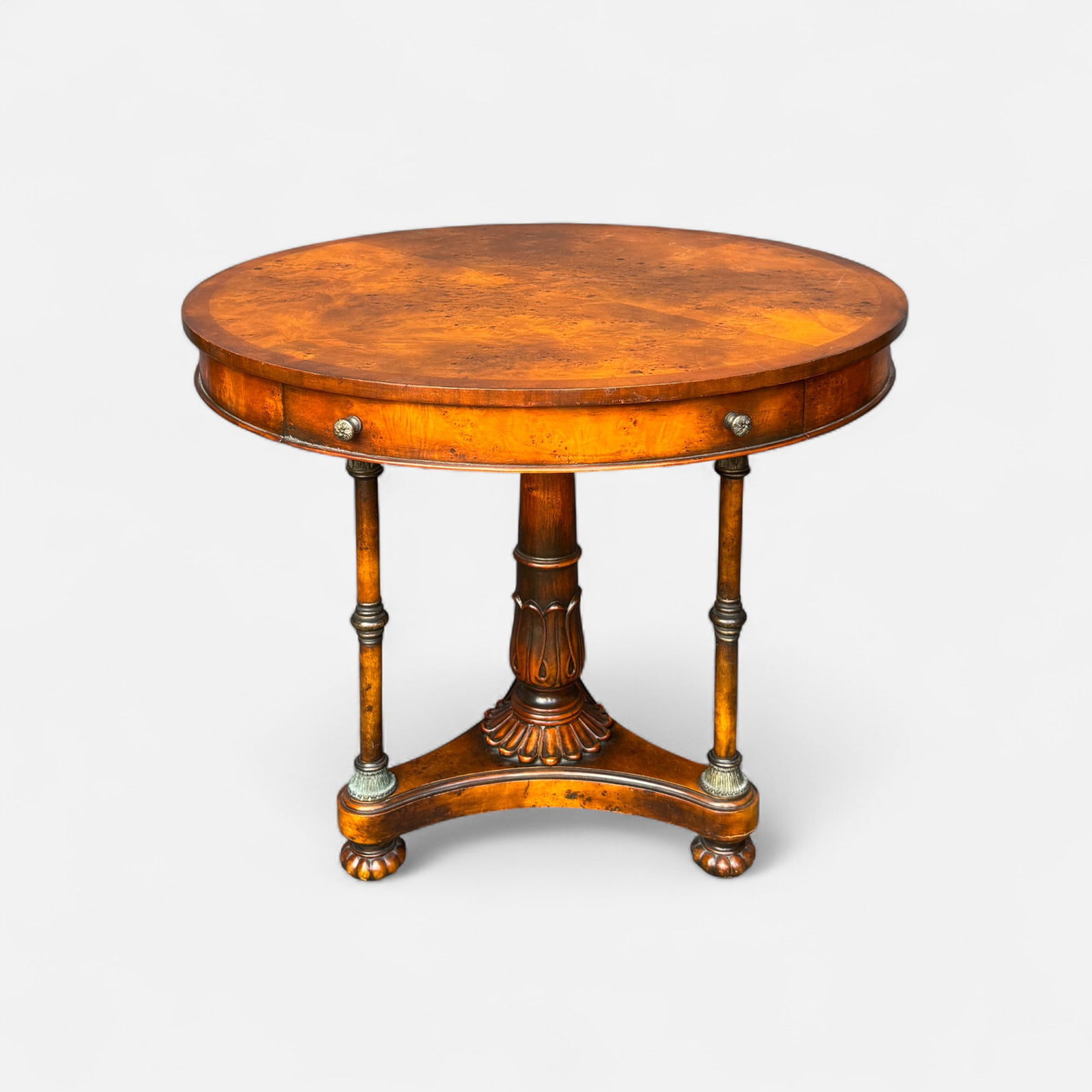 Contemporary Burl Walnut One-Drawer Round Center Drum Table (1 of 9)