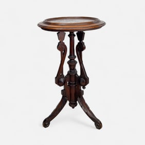 Antique Carved Wood Marble Top Plant Candle Stand Walnut Table