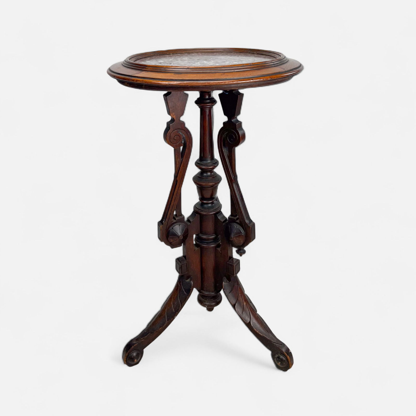 Antique Carved Wood Marble Top Plant Candle Stand Walnut Table (1 of 6)