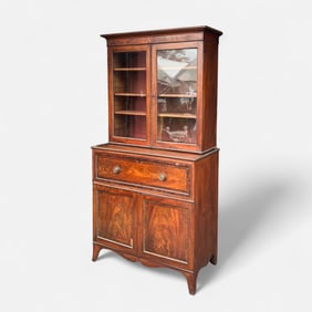 Antique American Sheraton Mahogany Two-Door Secretary Bookcase Desk