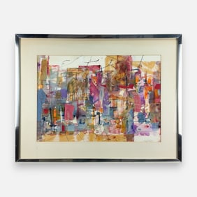 Charlotte Rosenberg "The City" Mixed Media on Paper Painting Framed